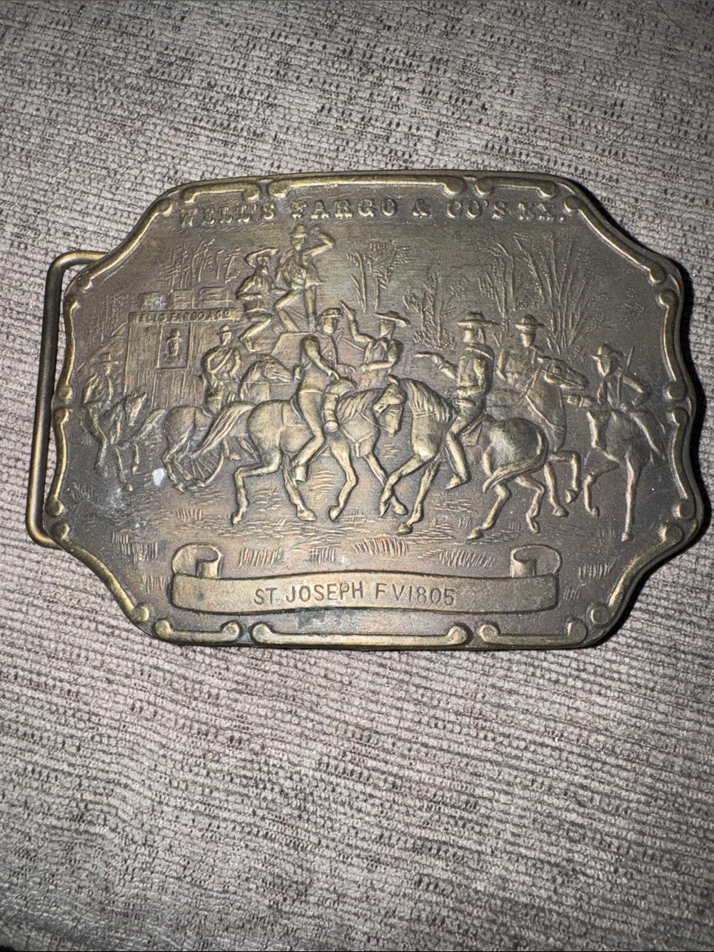 Vintage 1960s Tiffany Studio Wells Fargo St Joseph Brass Belt Buckle 4” x 3”